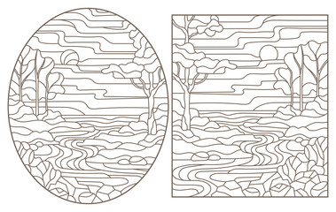 Set contour illustrations of stained glass in the stained glass style with scenery of wild nature, a mountain river , a dark outline on a white background