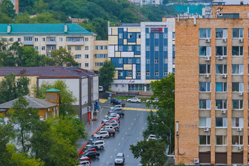 Wall Mural - Central part of Vladivostok from a height. View from above. The historical center of the capital of the Far East