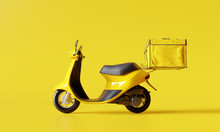 Delivery Scooter With Food Box On Yellow Background. Delivery Service Concept. 3d Rendering