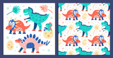 Fototapeta Dinusie - Set of little cute dinosaurs. Triceratops, T-rex, diplodocus, pteranodon. Postcard. Prehistoric animals. Jurassic world. Flat colourful vector illustration icon sticker isolated on dark background.