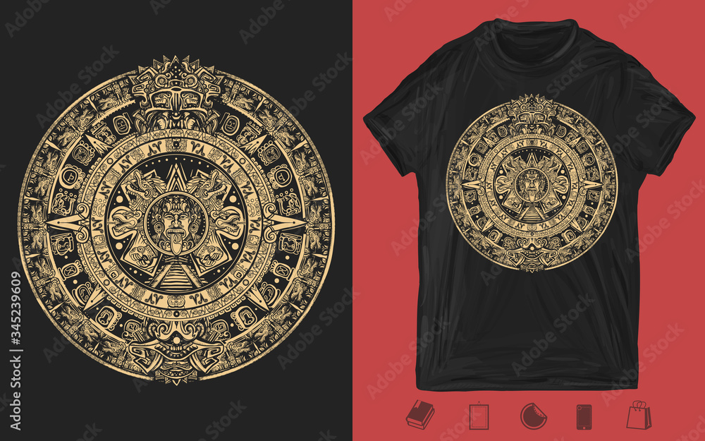 Aztec sun stone. Mayan calendar. Ancient hieroglyph signs and symbols. Mexican mesoamerican monolith. One color creative print for dark clothes. T-shirt design. Template for posters, textiles - obrazy, fototapety, plakaty 