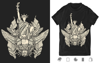 Wall Mural - Statue of liberty, eagle, flag and map. United States of America. Patriotic art. One color creative print for dark clothes. T-shirt design. Template for posters, textiles, apparels