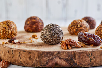 Poster - Healthy Organic Energy balls Muesli Bites with Nuts, Cocoa, Chia and Honey - Vegan Vegetarian Raw Snacks or Food.