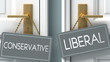 liberal or conservative as a choice in life - pictured as words conservative, liberal on doors to show that conservative and liberal are different options to choose from, 3d illustration