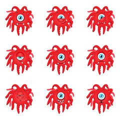 Wall Mural - Monster emoji sticker pack. Set of emoticons in the shape of red monsters with tentacles in cartoon style. Vector 8 EPS.