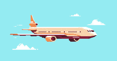 Wall Mural - pixel art plane aircraft flying in sky air passenger transport airline service concept horizontal vector illustration