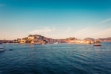 Panoramic View On Portoferraio Ancient Fortification In Golden Light On Island Elba