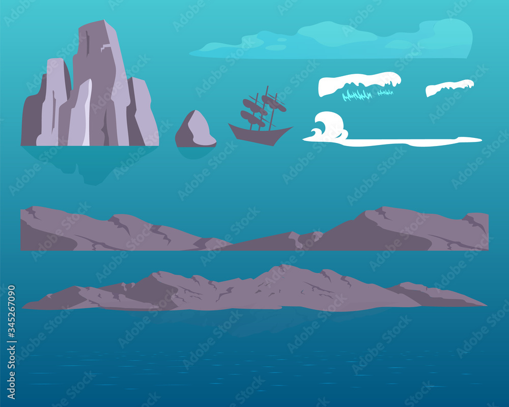 Sea Rocks Cartoon 2d Sea rocks cartoon vector objects set. Seascape constructor. Marine ...