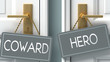 hero or coward as a choice in life - pictured as words coward, hero on doors to show that coward and hero are different options to choose from, 3d illustration