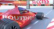 Routines and success - pictured as word Routines and a f1 car, to symbolize that Routines can help achieving success and prosperity in life and business, 3d illustration