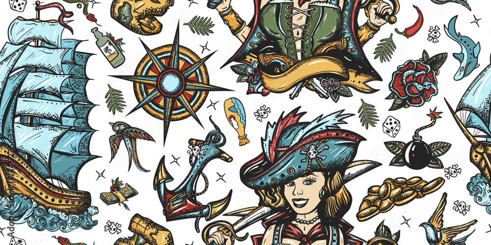 Pirate seamless pattern. Ship in storm, captain girl filibuster ...