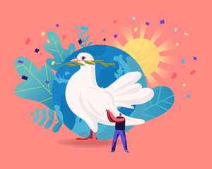 international day of peace, worldwide antiwar campaign, humanity concept. tiny male character stand 