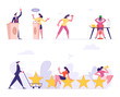 © Hanna Syvak - Set of Male and Female Business People Performing on election Debates Stand on Tribunes, Office Bullying. Characters Collecting Rate Stars Isolated on White Background. Cartoon Vector Illustration