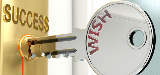 Wish and success - pictured as word Wish on a key, to symbolize that Wish helps achieving success and prosperity in life and business, 3d illustration