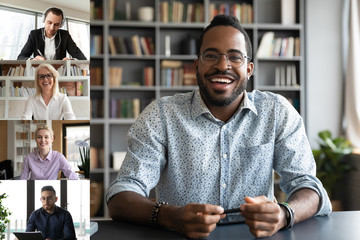 Sticker - Smiling african American man worker talk brainstorm on video call with diverse colleagues, screen view of multiracial coworkers have webcam team work conference, engaged in web online briefing