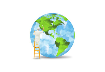 Wall Mural - Green Ecology and Environment Concept : Miniature people as painter stand on ladder and painting green planet earth isolated on white background.