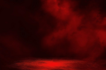 Wall Mural - empty space of dark room concrete floor with fog and red lighting effect background.