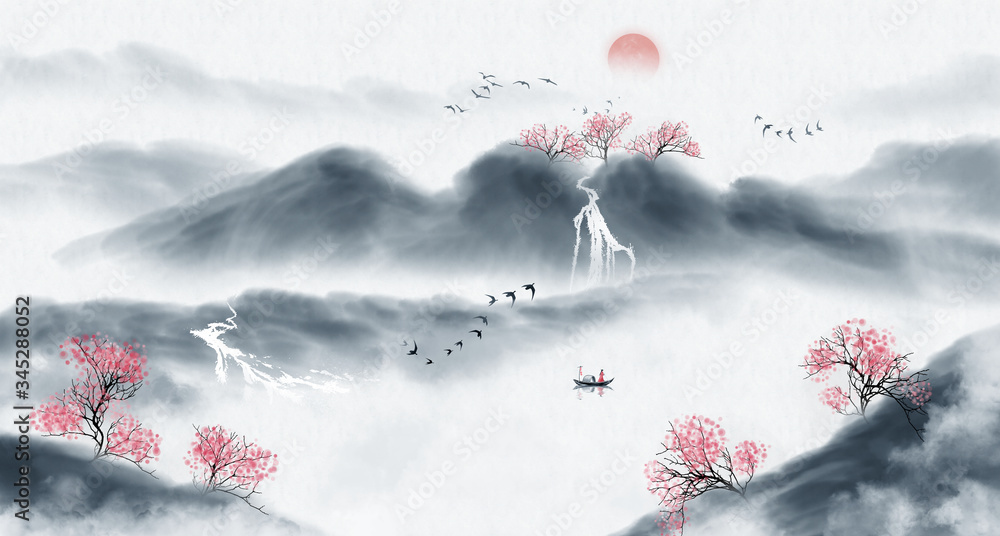 中国风水墨山水画山水画风景画艺术插图插图背景东方艺术东方山水水墨