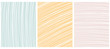 Set o 3 Abstract Geometric Layouts. White Irregular Hand Drawn Scribbles on Pale Pink, Yellow and Mint Green Backgrounds. Funny Simple Creative Design. Infantile Style Stripes and Mesh Graphic.