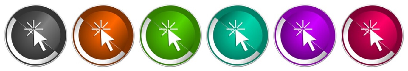 Fototapete - Click here icon set, silver metallic chrome border vector web buttons in 6 colors options for webdesign