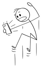 Sticker - Vector cartoon stick figure drawing conceptual illustration of jumping shocked or surprised man watching something on mobile phone.