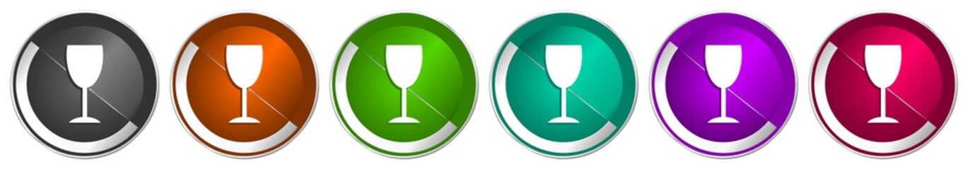 Poster - Alcohol icon set, silver metallic chrome border vector web buttons in 6 colors options for webdesign