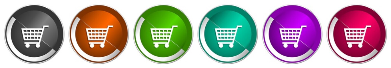 Leinwandbilder - Shopping cart icon set, shop, trolley silver metallic chrome border vector web buttons in 6 colors options for webdesign