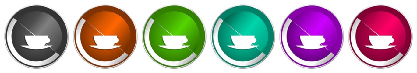 Aufkleber - Cofeee icon set, silver metallic chrome border vector web buttons in 6 colors options for webdesign
