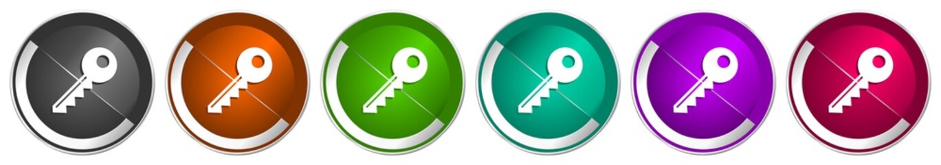 Aufkleber - Key icon set, silver metallic chrome border vector web buttons in 6 colors options for webdesign