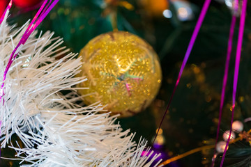 Christmas Hanging decoration.Close up, selective focus, Fir tree with Christmas decorations. Christmas decor background with place for text