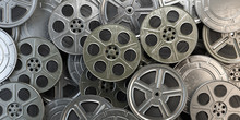 Film Reels And Cans. Video, Movie, Cinema Concept.