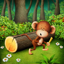 Fantasy Fairy Tale Fable Illustration About Stupid Curious Monkey That Pinched Its Tail In Tree Trunk. 