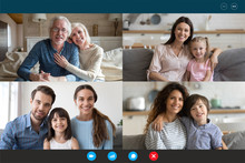 Screen Application View Of Diverse Happy Relatives Sit Rest At Home On Quarantine Talk Chat On Video Call, Smiling Family Members Have Fun Engaged In Webcam Online Conversation On Computer Together