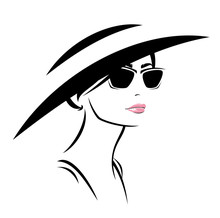 Beautiful Young Woman Wering Sunglasses And Wide Brimmed Hat Vector Fashion Portrait Design