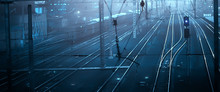Railway Tracks Night Landscape At The Railway Station Fog Autumn