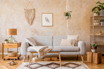 Wall Mural - stylish scandi compostion at living room interior with design gray sofa, wooden coffee table, shelf,
