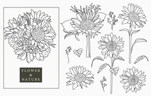 Black Sunflower Logo Collection With Leaves,geometric.Vector Illustration For Icon,logo,sticker,printable And Tattoo