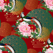 Beautiful Seamless Pattern With Diamond Pheasant Sitting On Peony Branch With Blooming Sakura,plum And Daisies For Summer Dress In Chinese Style