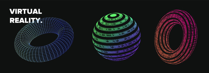 Aufkleber - Set of 3d shapes made of binary code or from square wireframe. Concept of virtual reality VR, artificial intelligence AI and Big Data. Collection of vector elements for logotype, poster, cover design.