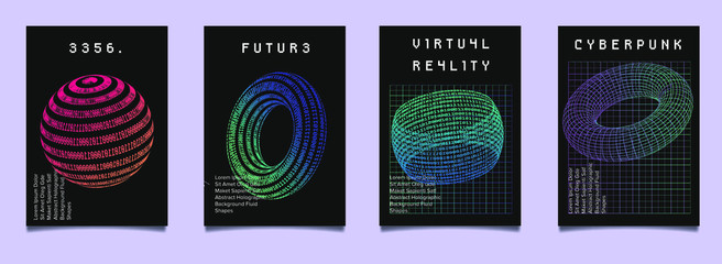 Aufkleber - Set of cyberpunk/ vaporwave/ synthwave style futuristic posters with binary code and 3d figures. Collection of covers for music, hackathon or informational security event.