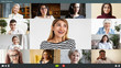 © shurkin_son - Webcam collage screen view of many people participating in group videoconference meeting, discussing work issues. Team of creative coworkers using video call app, brainstorming. Social distancing