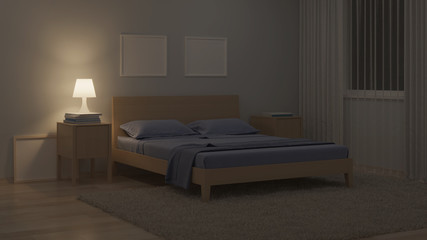 Wall Mural - The interior of the bedroom in a modern style in blue tones. Night. Evening lighting. 3D rendering.