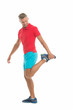 © be free - Warming up with some stretches. Athletic man stretching isolated on white. Muscle stretching. Stretching workout routine. Stretching exercises for better flexibility. Preventing injury