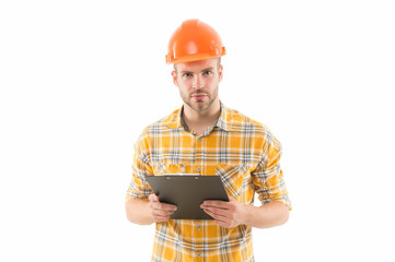 Doing his best. Professional construction manager. Building designer isolated on white. Architectural engineer wear professional hard hat. Skilful and professional. Rely on genuine professional