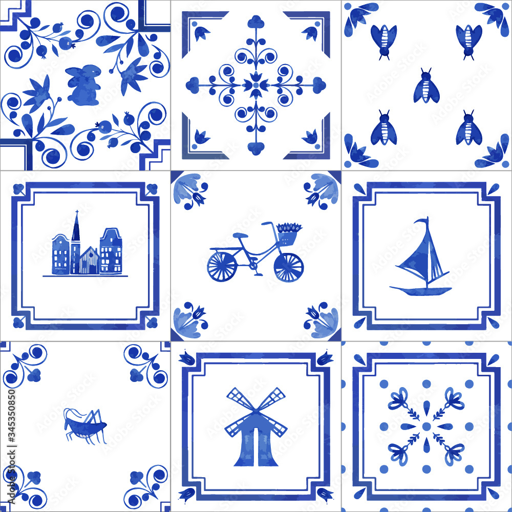 Watercolor seamless patterns with dutch ornaments. floral elements and ...
