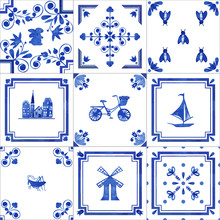 Watercolor Seamless Patterns With Dutch Ornaments. Floral Elements And Decorations. Netherlands Tiles 