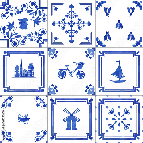Watercolor Seamless Patterns With Dutch Ornaments Floral Elements And Decorations Netherlands Tiles Stock Vector Adobe Stock