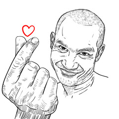 Canvas Print - Drawing funny portrait of Asian guy showing mini heart.