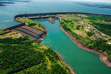 Itaipu Electrical Dam In Brazil And Argentina Aerial Photo. One Of The Most Expensive Buildings In The World.