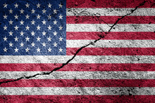 USA Flag On Cracked Concrete Wall. The Concept Of Crisis, Default, Economic Collapse, Pandemic, Conflict, Terrorism Or Other Problems In The Country. Abstract Disaster Symbol.